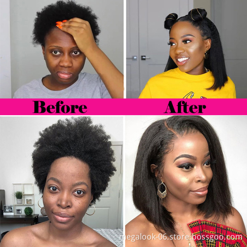 Megalook Brazilian Hair Yaki Short Bob Wig Natural Color Human Hair Wig Kinky Straight 13X4 Lace Front Wig